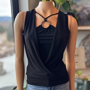 I.N. San Francisco Black Draped Wrap Front Blouse O-Ring Detail at Chest Medium